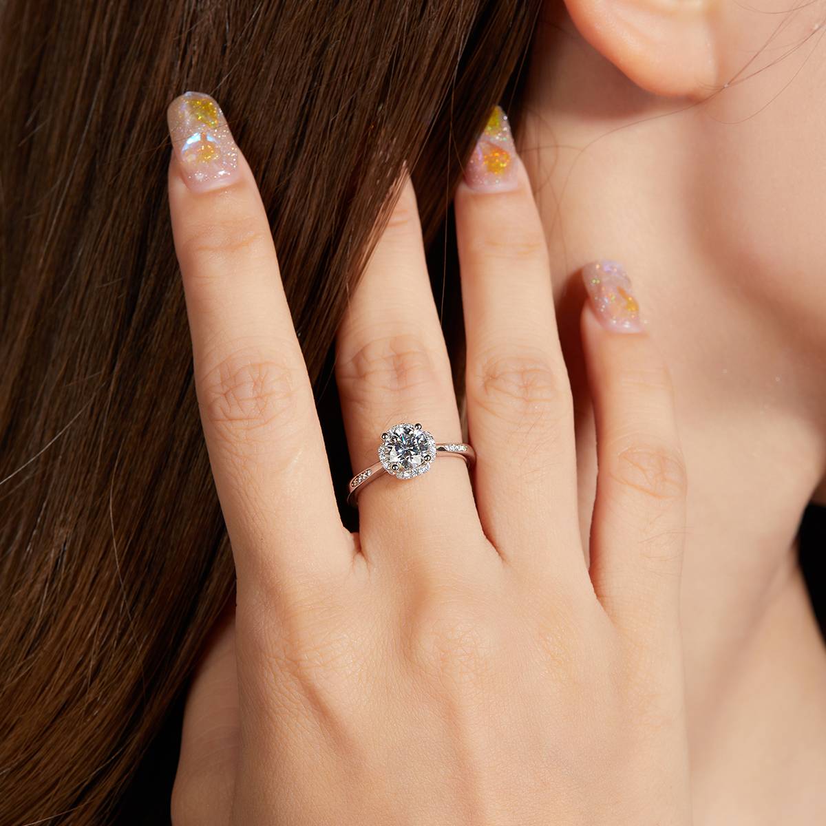Micro inlaid Hua Nian Hua S925 silver plated white gold Moissanite women's ring 1 carat D-grade
